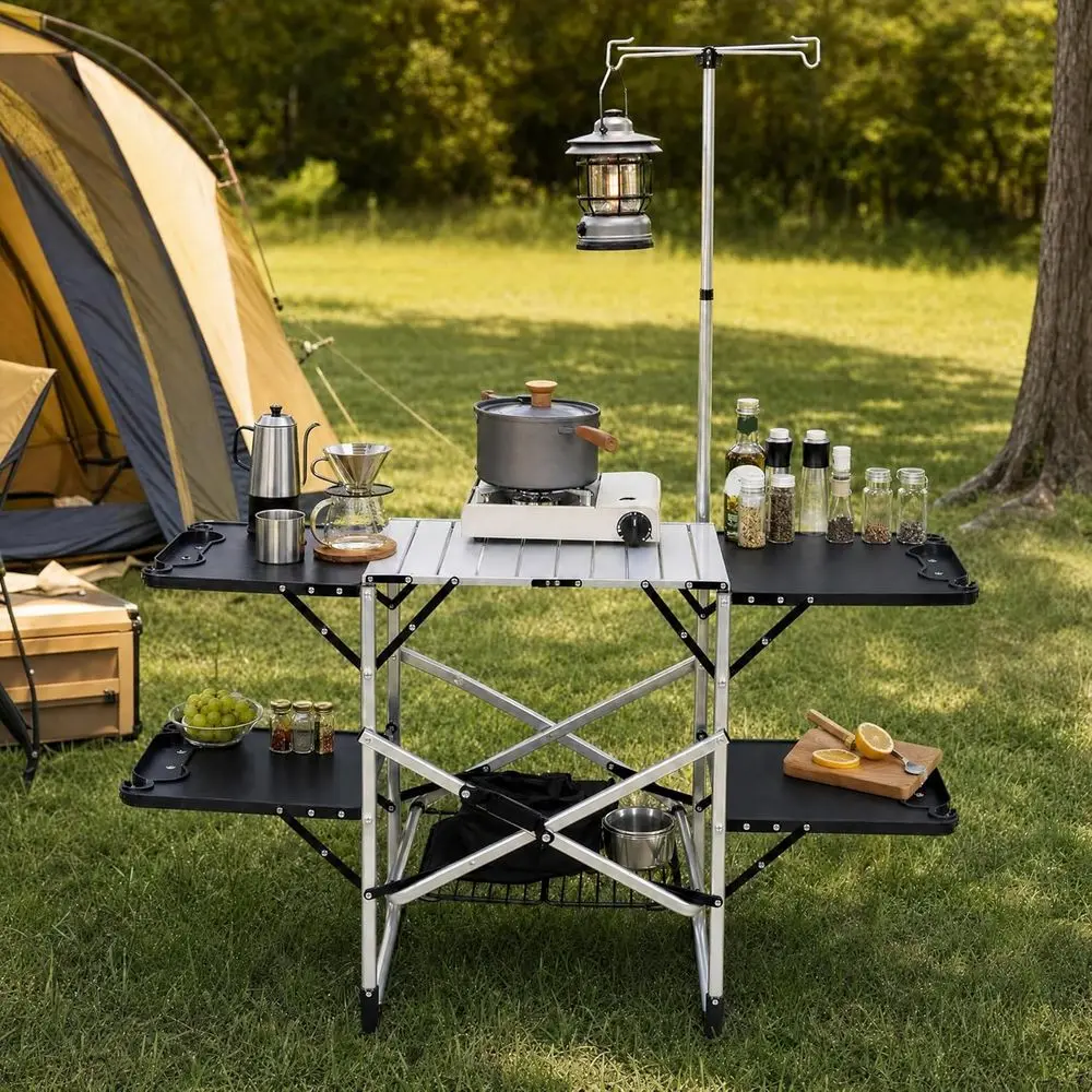 Outdoor Camping Table With Storage - Portable Outdoor Kitchen Table with Heat-Resistant